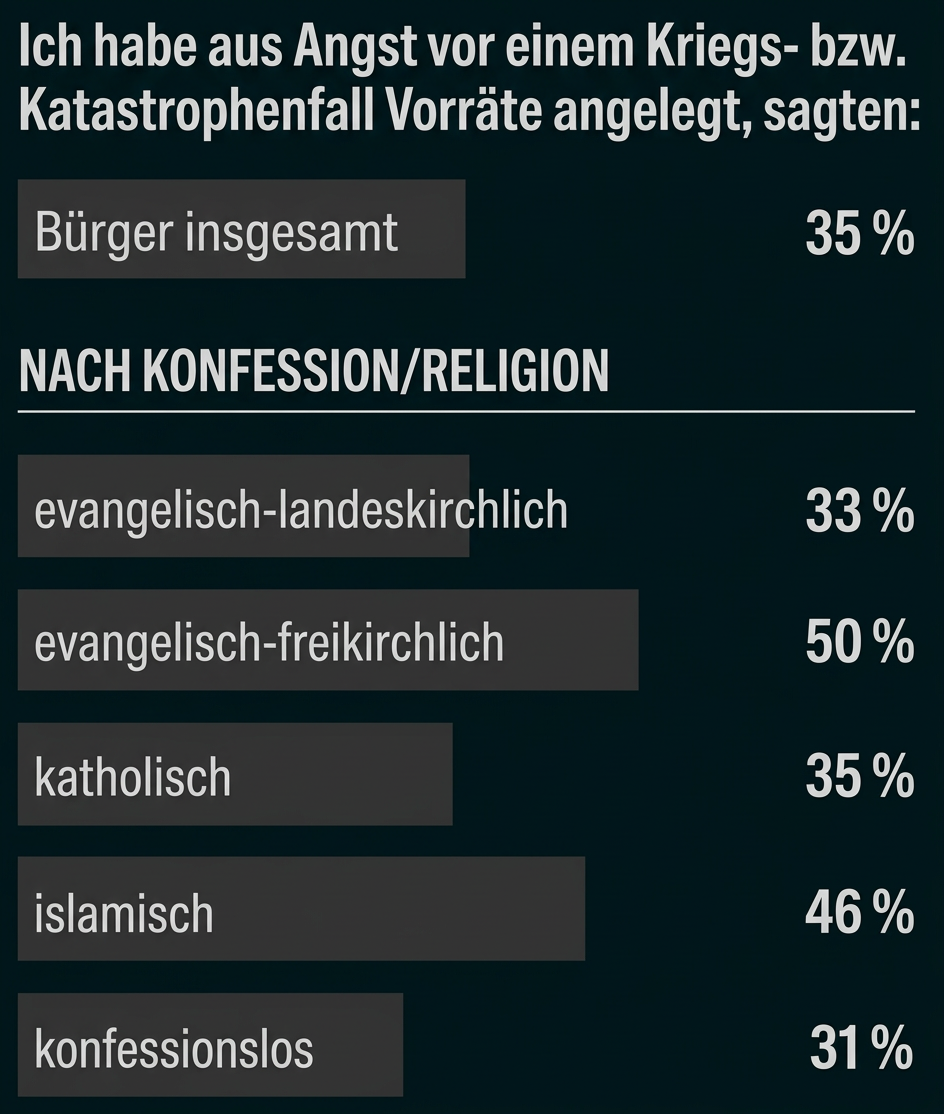 Grafik zu angelegten Vorräten aus Angst vor Krieg oder Katastrophen, aufgeschlüsselt nach Religionszugehörigkeit.